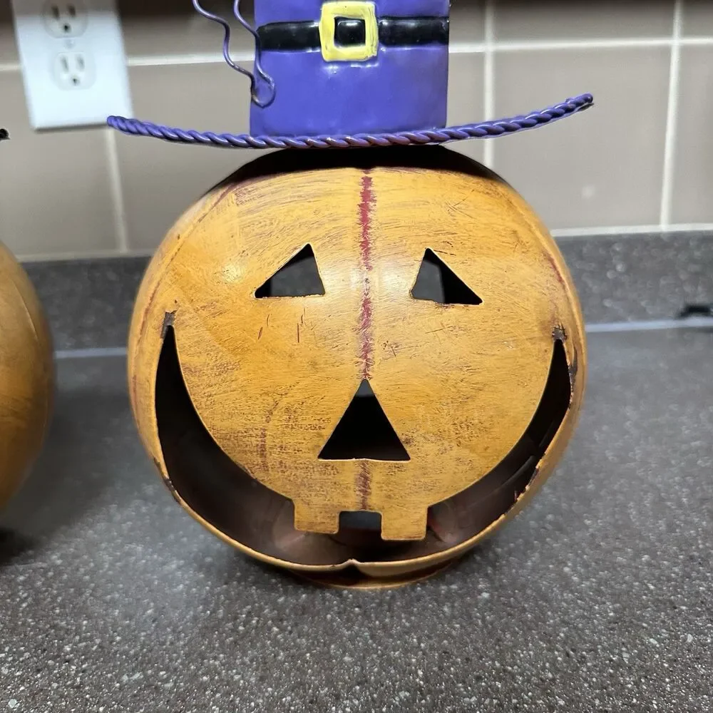 Set of 2 Halloween Metal Pumpkin Lanterns – Witch Hats w/ Bat & Ghosts 15”